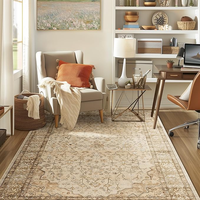 6x9 Area Rugs for Living Room,Machine Washable Low Pile Non Slip Stain Resistant Vintage Euro Floral Boho Desgin Carpet Rug for Bedroom Dining Room Kid's RoomHome Office,Natural Beige