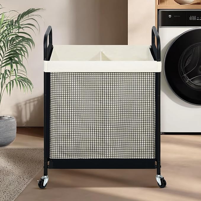 STO STO Laundry Hamper 2 Section, 100L Rolling Laundry Sorter Cart with Removable and Washable Liner Bag, Rolling Clothes Hamper with Metal Handle for Laundry Room and Bedroom