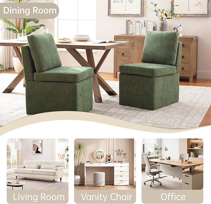 VKNOW Upholstered Dining Chairs, Modern Kitchen Chairs with Storage, Linen Armchair Dining Room Chairs for Kitchen Room (Green, Set of 2)