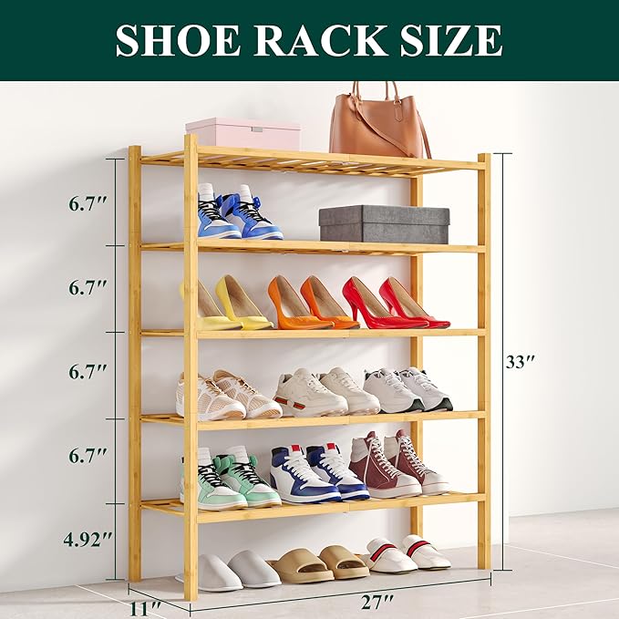 Smiry Shoe Rack, 5 Tier Bamboo Shoe Organizer, Stackable Free Standing Wooden Shoe Storage Shelf for Closet, Entryway, Front Door Entrance, Natural Bamboo