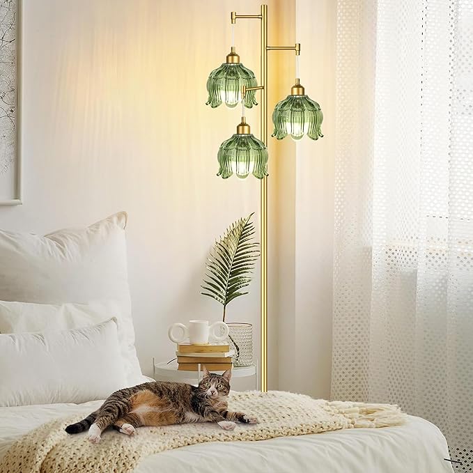 Vintage Floor Lamps for Living Room Bedroom-3 Light Glass Floor Lamp with Three Led Bulb, Flower Tall Floor Lamp Gold Mid Century Modern Standing Lamp Tree Floor Lamps for Living Room Bedroom Corner