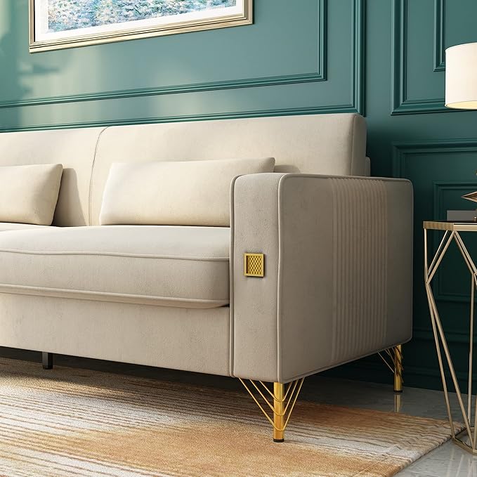 2PCS 85.63" Beige Velvet Sofa,Modern Loveseat Couch with Pillows Set of 2 for Living Room,Bedroom,Apartment Furniture with Gold Metal Legs