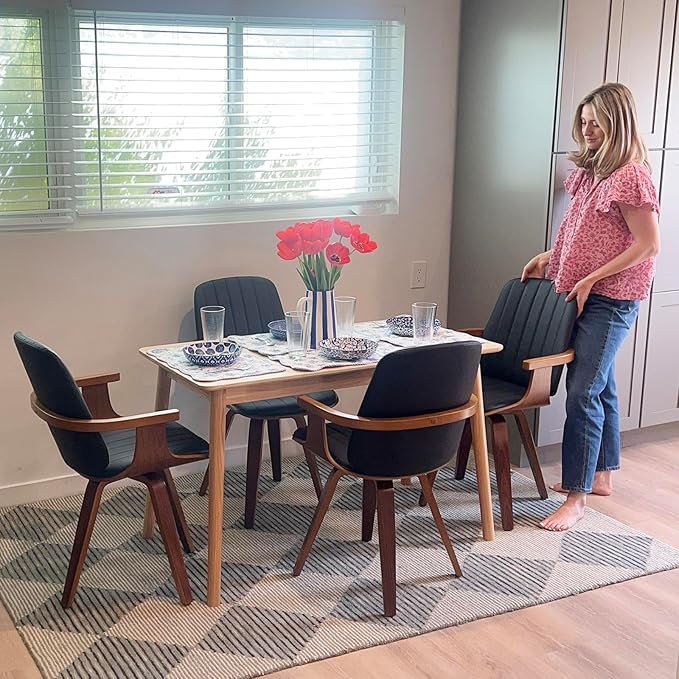 Swivel Dining Chairs Set of 2, Mid Century Modern Dining Chairs with Walnut Craftsmanship, Upholstered Faux Leather , Wooden Arms and Legs, Kitchen Chairs with Arms for Kitchen/Living Room - Beige