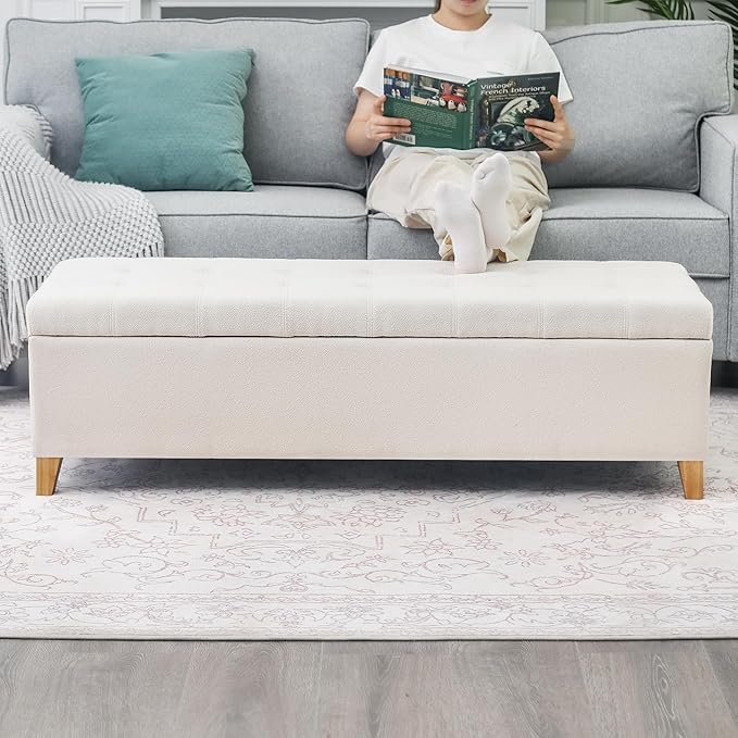 Joveco Storage Ottoman Bench, 51" Rectangle Long Bench, for Bedroom, End Foot of Bed, Living Room, Entryway, Beige
