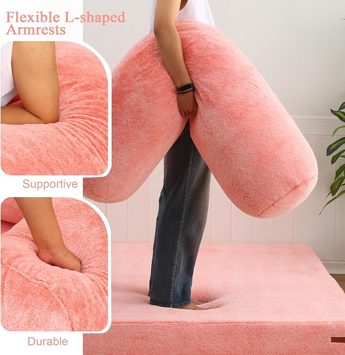 COMAX 4-in-1 Futon Sofa Bed, Queen Size Foldable Couch with L-Shaped Armrests, Convertible Sleeper Chair Bed, Comfortable Lounge Mattress for Living Room and Bedroom, Snow Orange