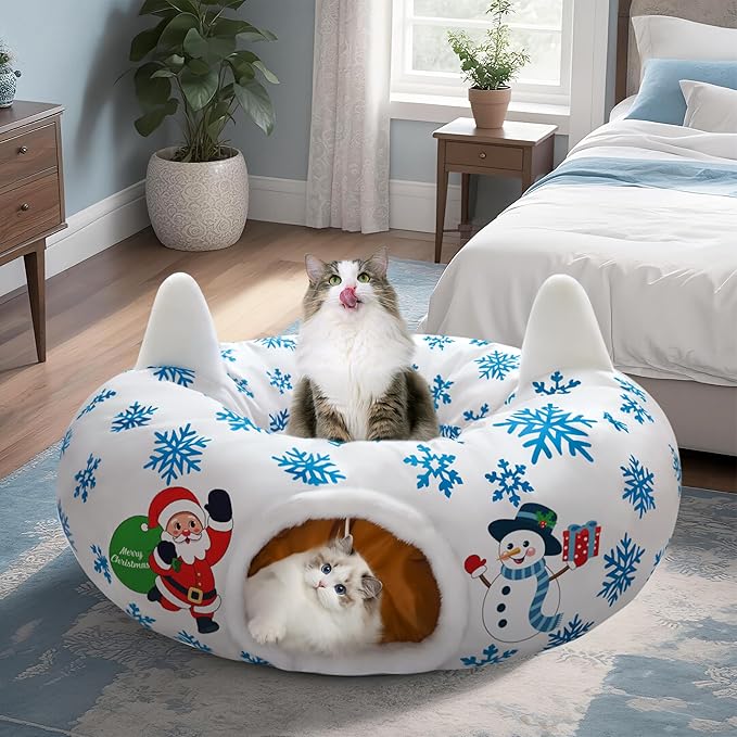 Christmas Cat Tunnel, Cat Tunnel Bed Under Christmas Tree with Hanging Toy Ball, Santa and Snowman Cats Cave Donut Tunnel Christmas Decor, Foldable Kitty Tube Tunnel for Kittens Small Animal