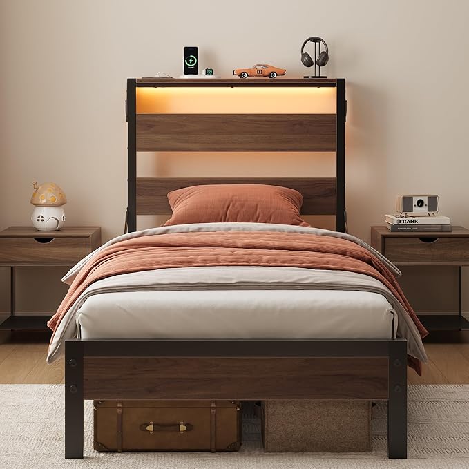 Bestier Twin Bed Frame with Storage Headboard and Charging Station, Walnut Platform Bed Frame with LED Light, Non-Slip Metal Bed Frame, Noise-Free, Easy Assembly,Brown