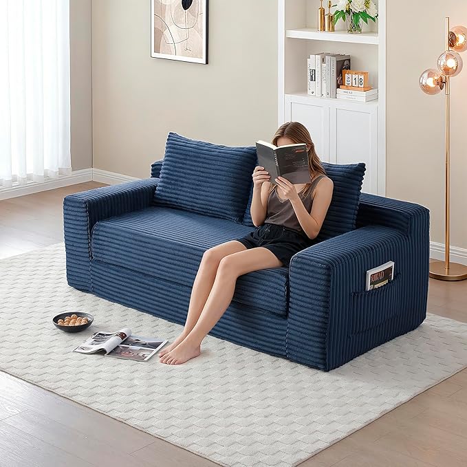 73" Cloud Loveseat Sofa Couch in a Box, 2 Seater Boneless Couch, Convertible Pull Out Sofa Bed with Pillows, No Assembly, Memory Foam, Modern Small Couches for Small Spaces (A-Blue)