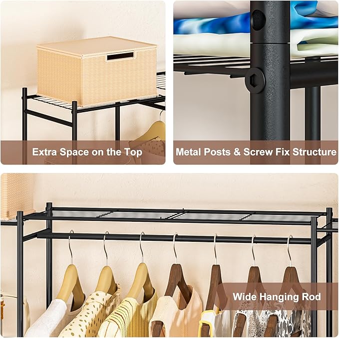 Neprock Portable Closet Wardrobe, Metal Clothing Rack with 8 Shelves & 1 Hang Rod, Free Standing Closet Rack for Hanging Clothes Closet Organizers and Storage, 63"*63"*12", Black