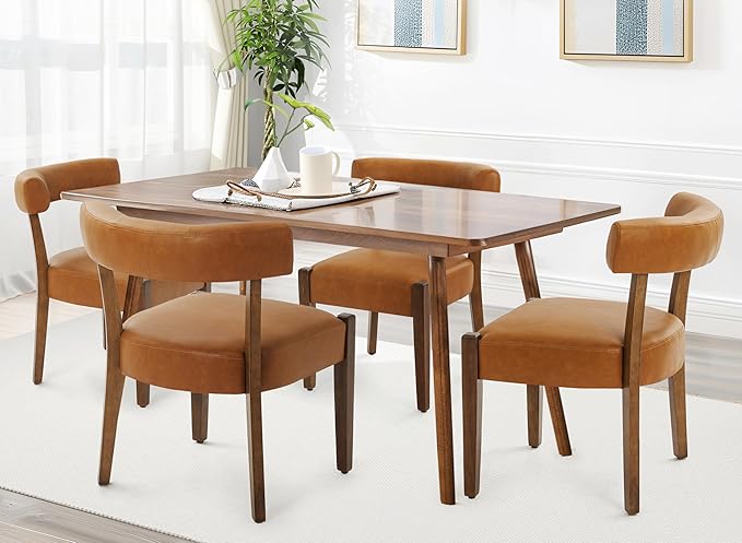 Faux Leather Dining Chairs Set of 4 Upholstered Kitchen & Dining Room Wooden Chairs Mid Century Modern Dining Chairs Low Back, Brown