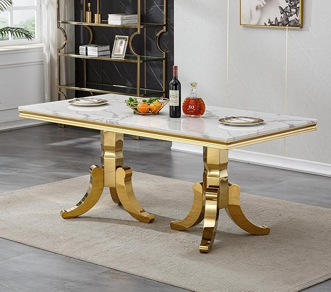 Goujxcy Faux Marble Dining Table Set for 4, Modern 5-Piece Dining Table Set with 4 Velvet Upholstered Chairs, 70" Large Long Faux Marble Kitchen Dining Room Table and Chairs with Stainless Steel Legs