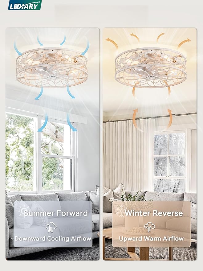 LEDIARY 20 Inch Caged Ceiling Fans with Lights, White Flush Mount Ceiling Fan with Remote, Low Profile Bladeless Ceiling Fan Light Fixture for Bedroom, Kitchen, Dining Room-White Gold Color