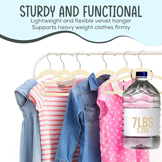 25 Premium Kids Velvet Hangers - 14" Non-Slip Clothes Hangers for Kids & Preteens - Ultra Slim, Space-Saving, Strong & Durable Hangers with 360° Swivel Hook - Beige