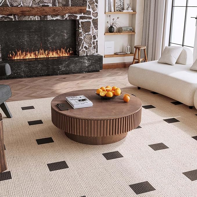 39'' Large Round Coffee Table with Storage, Fluted Coffee Table with Solid Wood Veneered, Mid Century Modern Wooden Center Table, Accent Tea Table for Living Room Apartment, Walnut