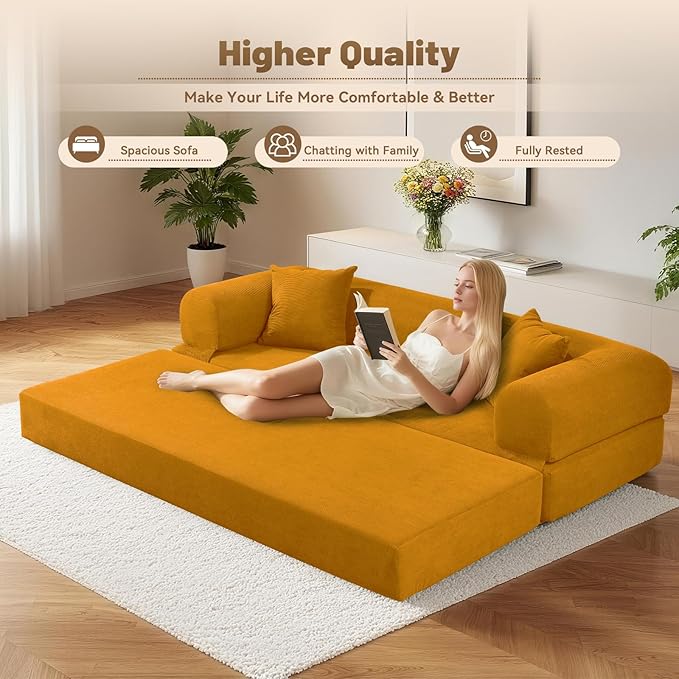 Convertible Futon Sofa Bed,80" Folding Pull Out Couch with Pillows & Storage Pocket, Oversized Queen Sleeper Sofa in a Box,Corduroy Boneless Couch for Living Room,Yellow