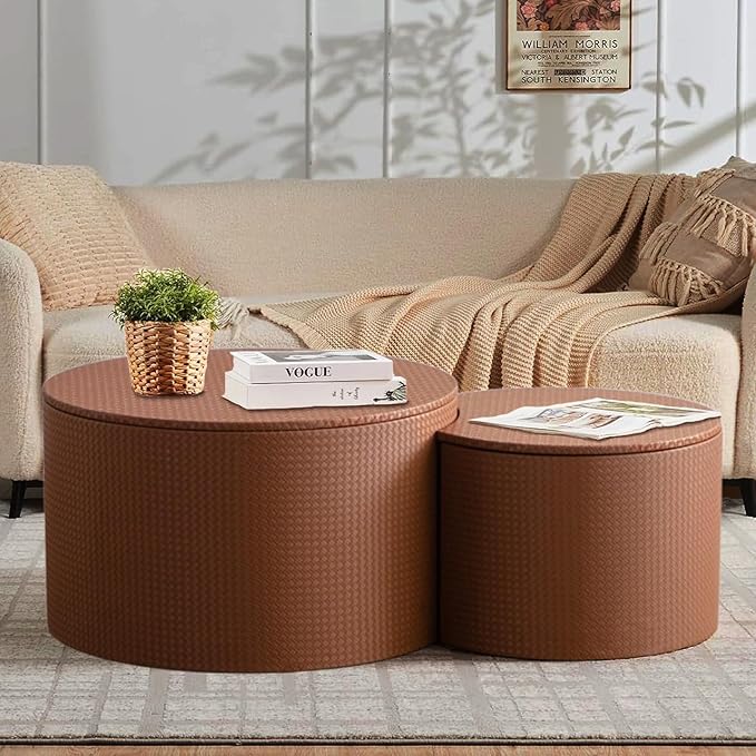 Round Nesting Coffee Table Set of 2, Round Fluted Coffee Tables with Storage for Living Room Leather Veneer Modern Nesting End Side Tables for Small Spaces (A Storage Brown)