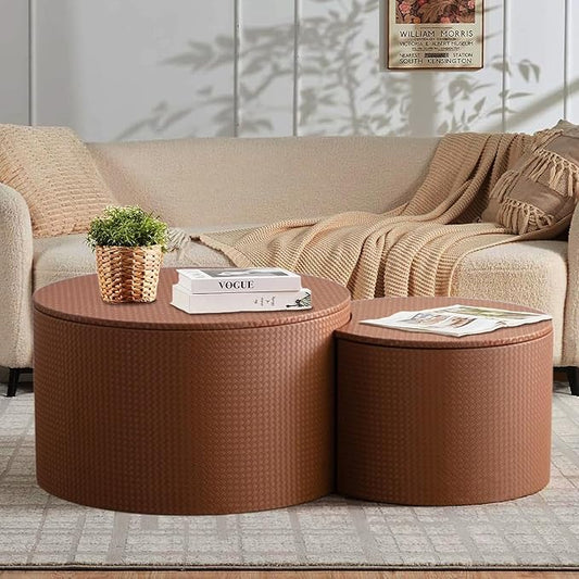 Round Nesting Coffee Table Set of 2, Round Fluted Coffee Tables with Storage for Living Room Leather Veneer Modern Nesting End Side Tables for Small Spaces (A Storage Brown)