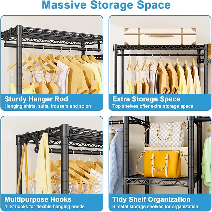 Ulif E4 Clothes Rack, Heavy-Duty Garment Rack, Metal Freestanding Clothing Organization Storage System Can Be L-Shaped with Shelves and Hangers, Max Load 962lbs, 71.6" W x 14.5" D x 79.3" H, Black