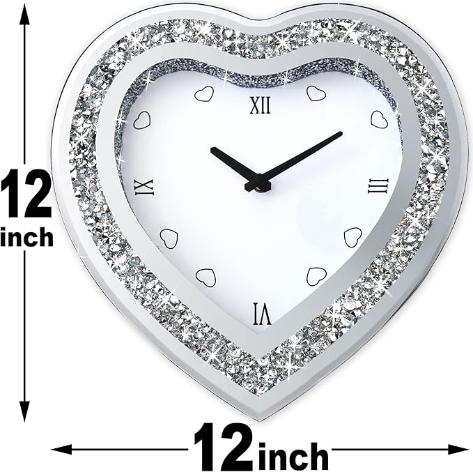 Wall Clock, Heart-Shaped Mirror Wall Clock, Cute Diamond 12-inch Non-Ticking Clock for Wall Décor, Perfect Home Decor for Bedroom, Dining Room(Excluding Batteries.)