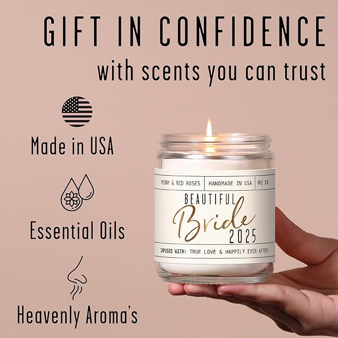 Soy and Sass Beautiful Bride 2025 Soy Wedding Candle, Peony & Red Roses Scent, 9 oz Jar, Wedding, Bridal Shower, Engagement