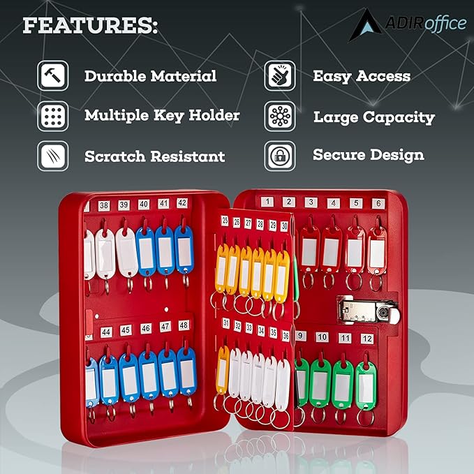 AdirOffice Key Lock Box – 48 Key Hooks Wall Mounted Key Cabinet Lock Box, Car Keys Holder Box, Lockable Key Storage Box - Metal Key Box Organizer with for Home and Office