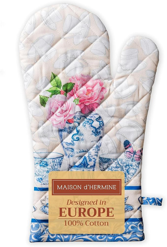 Maison d' Hermine Oven Gloves 100% Cotton Oven Mitt 7" x 13" with Loop Heat Resistant, BBQ, Cooking Gloves, Baking, Grilling, Kitchen, Handling Hot Pans Spring/Summer (Pack of 1, Canton)
