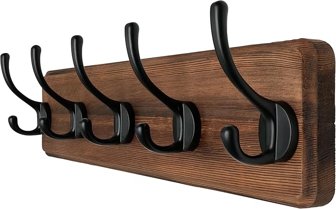 Dseap Wall Mounted Coat Rack: Patented, Heavy-Duty, 17.4" Long 5-Double-Hooks Wooden Hanger Rail for Winter Coats, Hat, Jacket, Clothing - Natural & Black