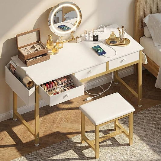 White and Gold Makeup Vanity Desk with Mirror and Lights Big Vanitys Set with Chair, Drawers and Power Outlet, Dressing Table Vanities for Girls Bedroom 47“
