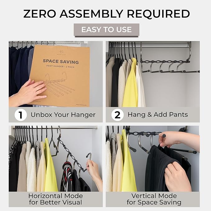 MORALVE Pants Hangers Space Saving - 2 Pack - Non-Slip Multi-Layer Space Saving Hangers - Multifunctional Clothing Rack for Closet Storage - Ideal for Jeans, Trousers, Skirts, Scarves & Slacks (Black)