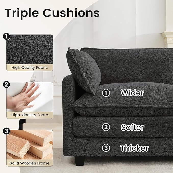 ROWHY Oversized Modular Sectional Couch with Movable Ottoman, 112" Modern Convertible L Shaped Sofa Set, 4 Seat Comfy Cloud Couch with 2 Throw Pillows, for Living Room, Chenille, Charcoal Grey