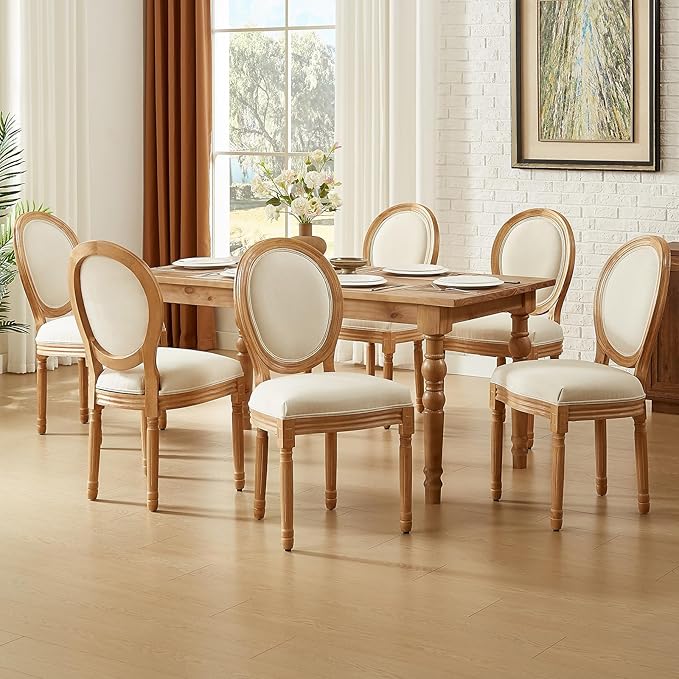 Nrizc French Dining Chairs Set of 6, French Country Dining Chair, Vintage Farmhouse Dining Chairs with Round Back, Solid Wood Beige Fabric Dining Room Chairs, for Kitchen, Bedroom, Dining Room