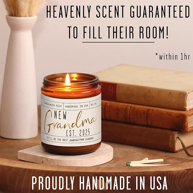 New Grandma Gifts First Time - 'New Grandma 2025' Candle, w/Sandalwood Rose I First Time Grandma Gifts I Promoted to Grandma Announcement I Grandma to Be I New Grandmother Gift I 50hr Burn, USA Made