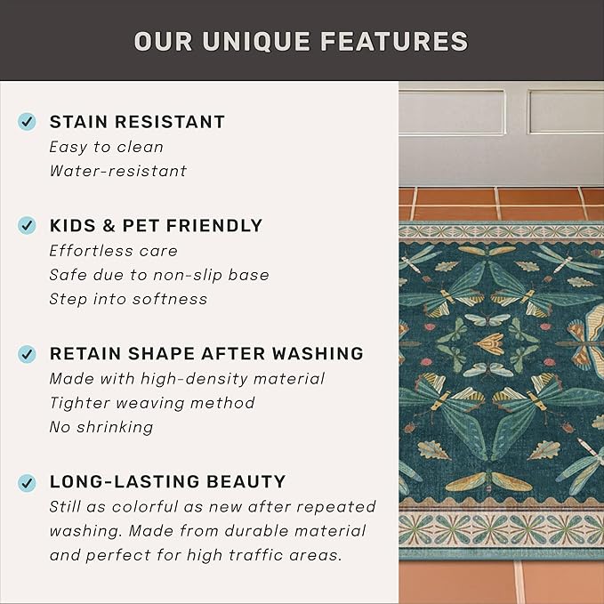 Teal 3x4 Entryway Rug - Washable Door Rug Indoor for Large Kitchen, Living Room, Thin & Foldable Low Pile Insect Décor