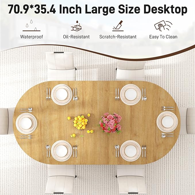 70.8 in Dining Table for 4 5 6 | Modern Natural Rectangular Kitchen Table W/Waterproof Wood Tabletop,Farmhouse Long Dining Room Tables W/Foot Pads&Wood Strip Base for Kitchen Living Room