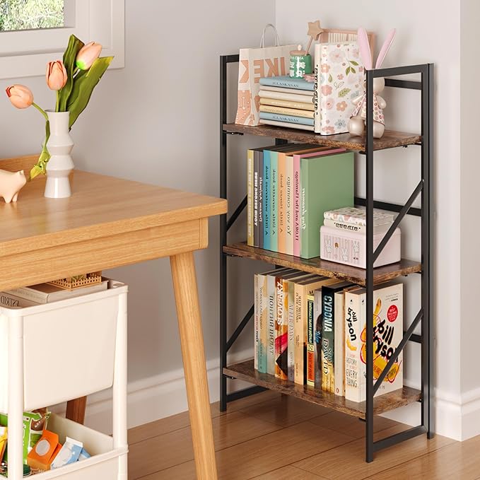 JSB No Assembly Folding Bookshelf, 3 Tier Industrial Metal Book Shelf for Storage, Vintage Wood Foldable Bookcase for Living Room, Bedroom, Office Organization Shelves