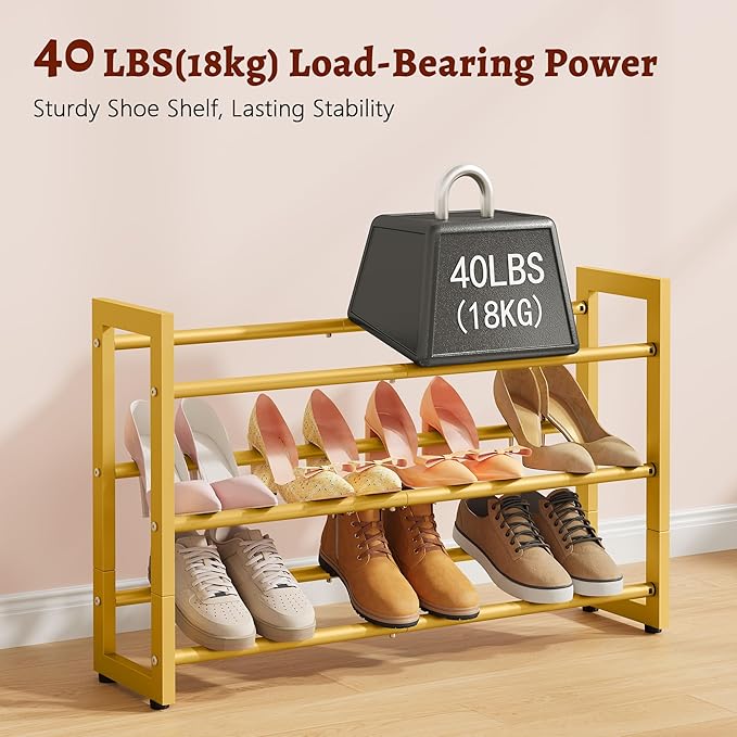 FAVOOSTY 3-Tier Expandable Shoe Rack, Adjustable Shoe Shelf Storage Organizer Space Saving Metal Free Standing Shoe Rack for Entryway Closet Doorway, Gold