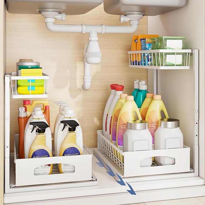 Under Sink Organizer and Storage, Height Adjustable Cabinet Organizer with Slide Out Drawer, Pull Out Under Sink Storage, Multi-Purpose 2 Tier Sink Shelves for Kitchen Bathroom Pantry (White, 1 Pack)