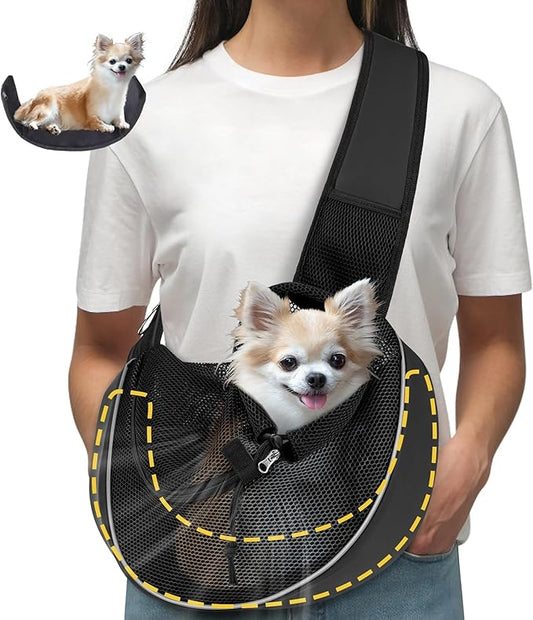 Detachable Hard Bottom Dog Sling for Small Dogs & Cats Up to 10 lbs- Upgraded Breathable Mesh, Adjustable Strap & Large Pocket - Hands-Free Pet Carrier for Travel Walking Hiking (Black Size S)