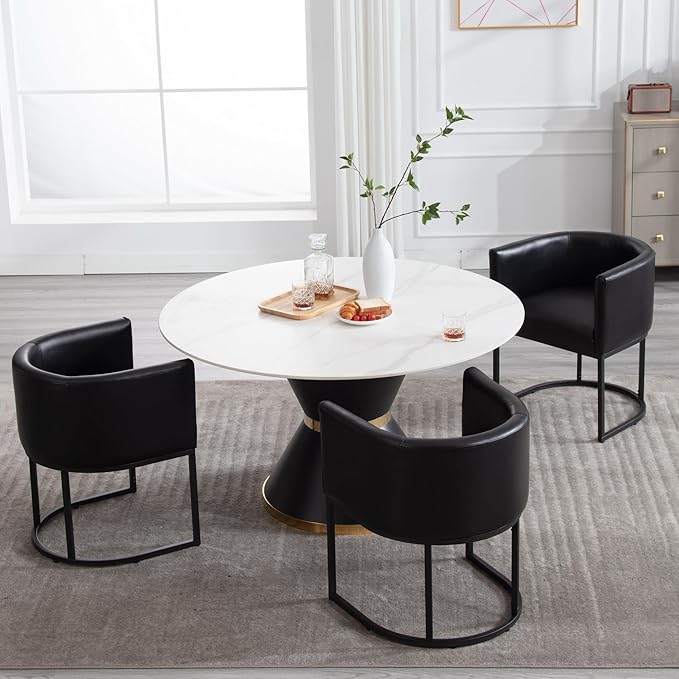 Faux Leather Dining Chairs Set of 3 Modern Barrel Arm Chairs with Black Metal Frame, Upholstered Kitchen Chairs 18.5" Wide Accent Chair for Living Room Dining Room Restaurant, Black