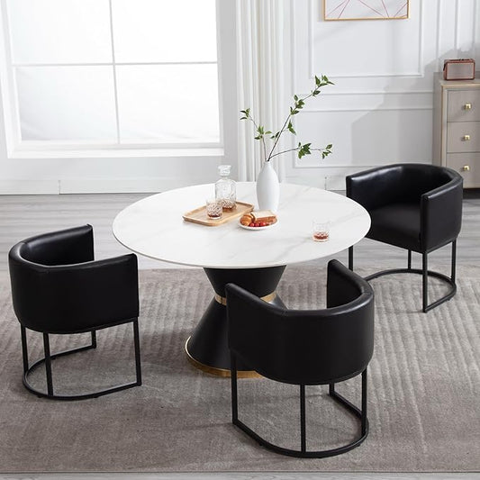 Faux Leather Dining Chairs Set of 3 Modern Barrel Arm Chairs with Black Metal Frame, Upholstered Kitchen Chairs 18.5" Wide Accent Chair for Living Room Dining Room Restaurant, Black