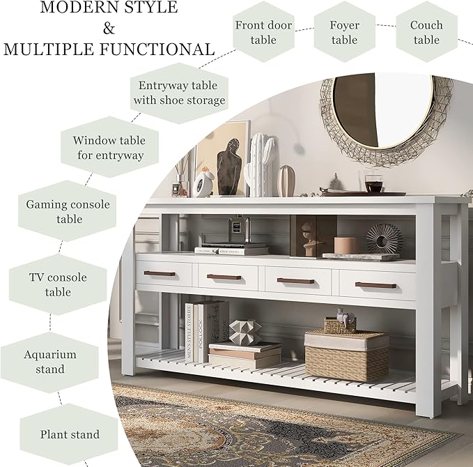 Modern 62'' Console Table Sofa Entryway Table with 4 Drawers and 2 Shelves, Acacia Wood Kitchen Buffet Cabinet Sideboard, Accent Table Furniture for Entryway Kitchen Living Room (White-4DE)