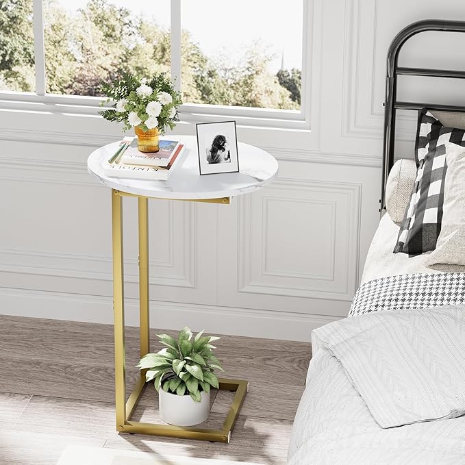 C Shaped End Table, Oval Couch Side Tables for Living Room, Sofa End Table with Metal Frame, Small Wooden Snack Table for Bedroom, Small Spaces, Easy Assembly, Gold