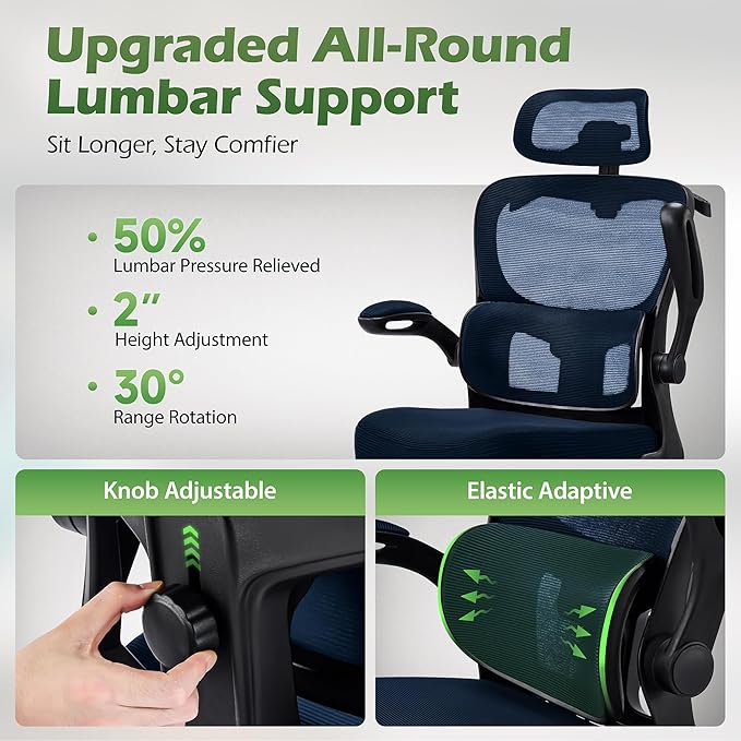 Office Chair Ergonomic Desk Chairs with Adjustable Lumbar Support& Headrest Hanger, High Back Breathable Mesh Chair with Wheels, Rolling Swivel Comfy Task Computer Chair for Home Work Gaming