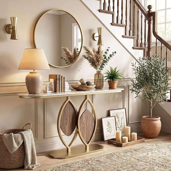 Stone Console Table Gold for Entryway, Modern Foyer Table Sofa Tables Narrow Long Stone Top for Living Room, Hallway Decor, Creative Styling(White,39.3"x11.8"x31.5")