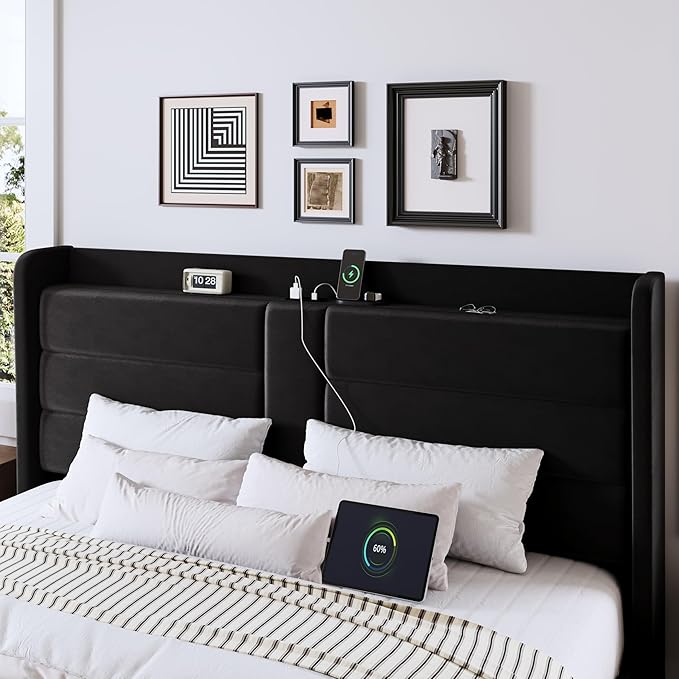 Allewie Queen Size Platform Bed Frame with Charging Station & Storage Headboard, Upholstered Velvet Wingback Design & USB Port, Strong Wooden Slats Support, No Box Spring Needed, Easy Assembly, Black