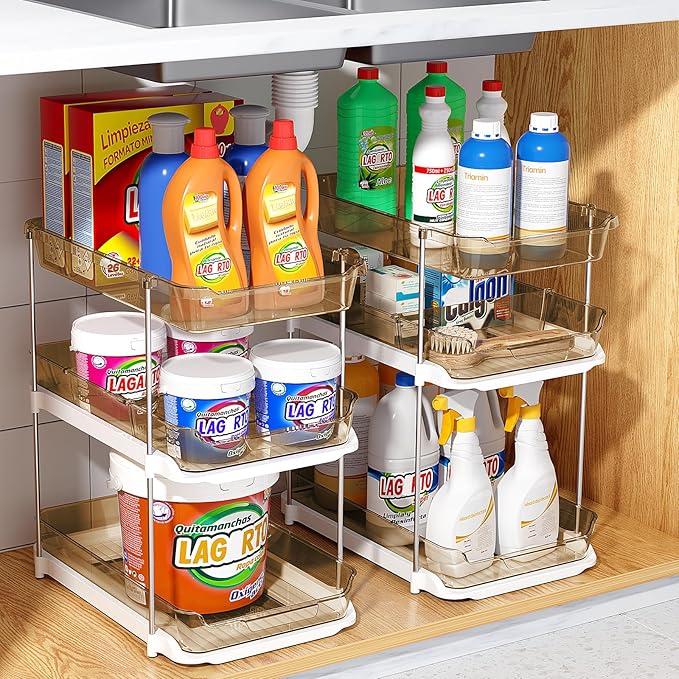 Delamu 2 Pack 3-Tier Bathroom Under Sink Organizers and Storage, Multi-Purpose Stackable Pantry Organization and Storage, Pull Out Clear Kitchen Bathroom Cabinet Organizer with Movable Dividers, Amber