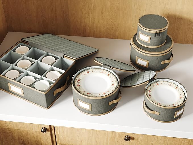 Hard Shell China Storage Containers – 5 Piece Set for Storing Dinner Plates, Salad Plates, Mugs, Quilted Dividers for Safe Moving and Seasonal Storage, Grey with Brown Edging