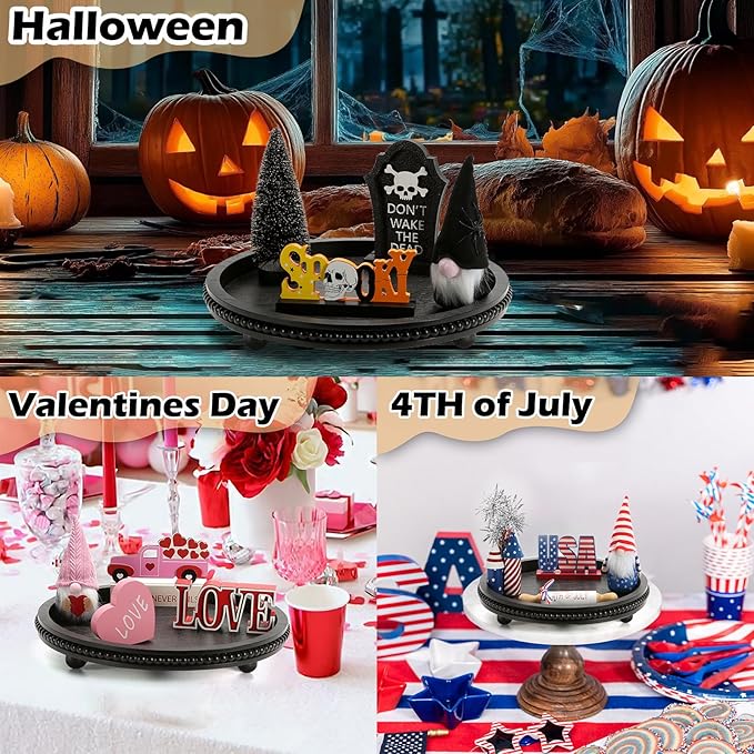 Wooden Beaded Decor Tray for Coffee Table, Rustic Wooden Trays Table Centerpieces, Decorative Trays for Home Decor Kitchen Table Farmhouse Serving Tray (Round Black)