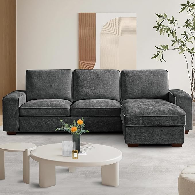 PARKOL 99" L-Shaped Sectional Couch with Storage, Sofa with Reversible Chaise, USB Type-C Charging, Chenille Fabric, Removable Cushion Covers, for Small Space, Apartment, Living Room, Dark Gray