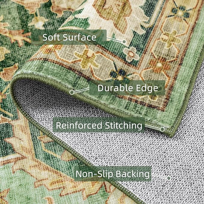 6x9 Vintage Rugs for Dining Room, Washable Rugs Non Slip Large Area Rug for Living Room Bedroom Office, Floor Decoration Big Rug Mat Low-Pile Kid & Pet Friendly(Border Green)